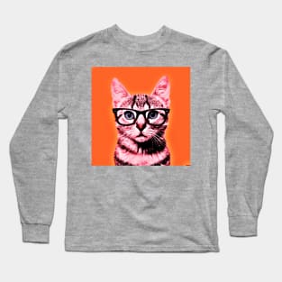 Pop Art Geek Cat in Orange Background - Print / Home Decor / Wall Art / Poster / Gift / Birthday / Cat Lover Gift / Animal print Canvas Print Long Sleeve T-Shirt